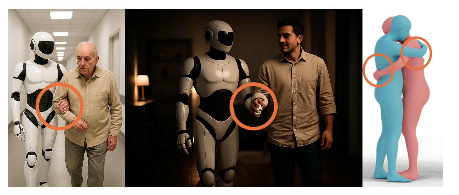 Contact-centric interactions: assistive walking, handshake, and hug with highlighted contacts